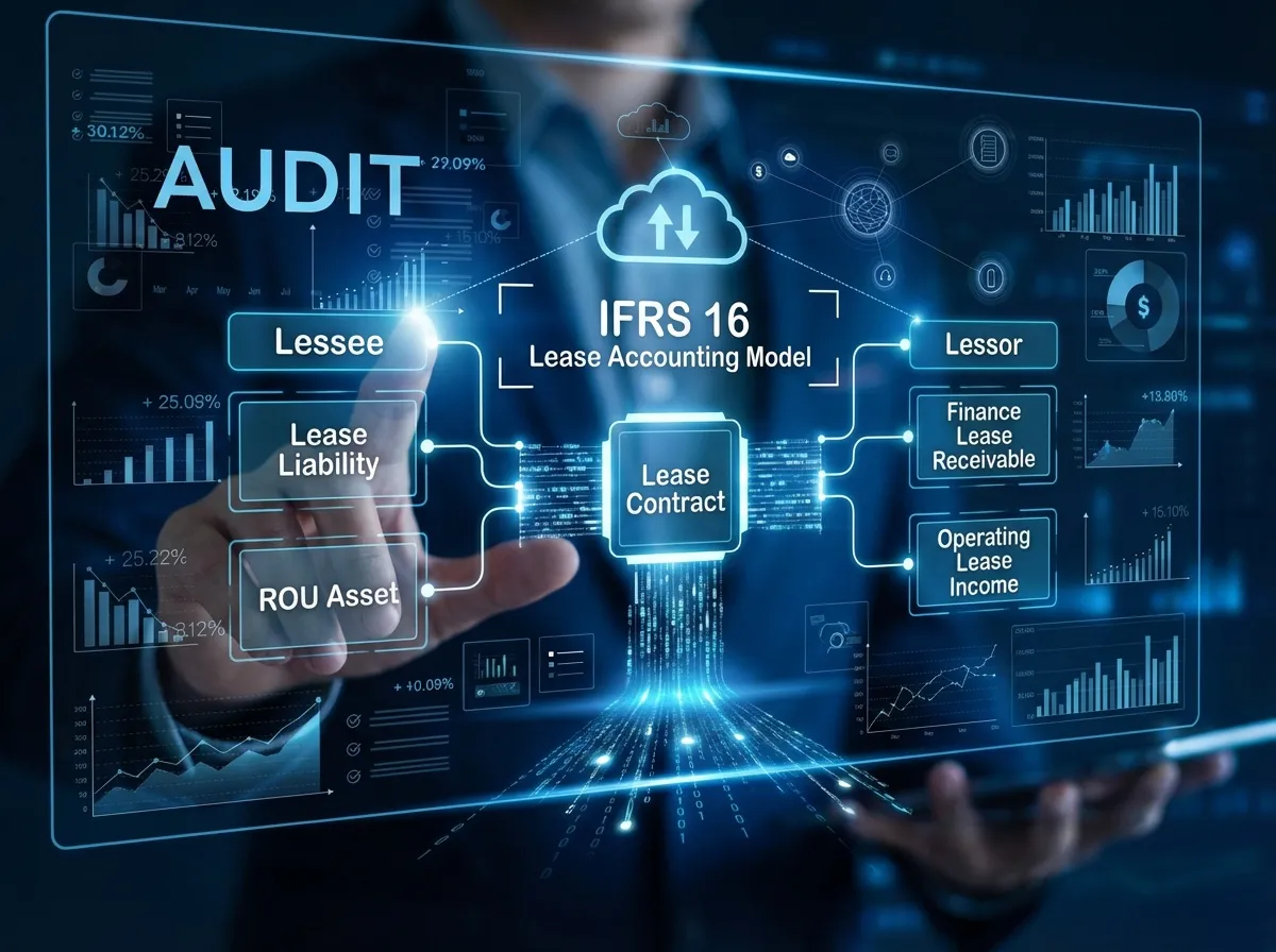 The IFRS 16 lease accounting model showing how a lease contract flows to lessee recognition of a lease liability and right-of-use asset, and to lessor classification as a finance lease receivable or operating lease income